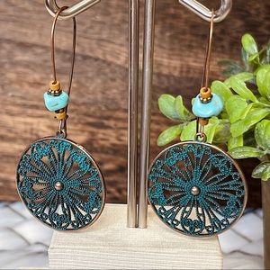 EARRINGS FLORAL round WHEEL long dangling turquoise round boho chic WESTERN CHIC